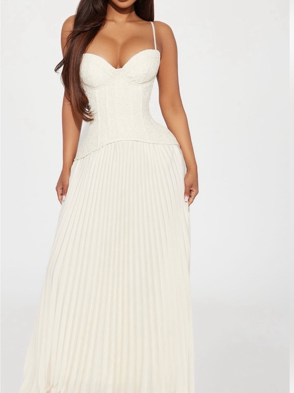 Women’s Ivory Pleated Maxi Dress with Corset Bodice